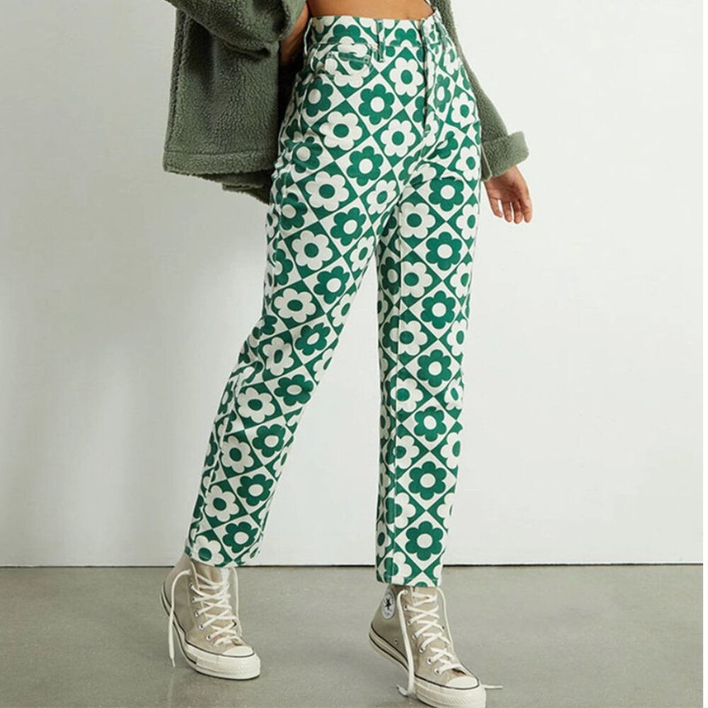 PacSun Womens Flower Jeans Green Love Daisy High Rise Straight Button NYT Sz 25